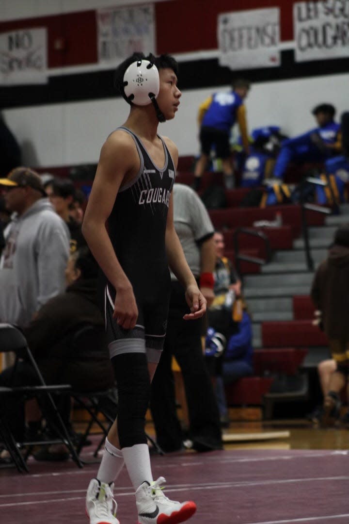 Weston Ranch's Maddox Lo walks up to the mat for one of his wrestling matches during the 2023-24 season.