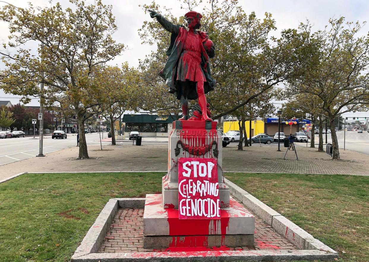 In this photo provided by Johnston, R.I., Mayor Joseph Polisena, Jr., a statue of Christopher Columbus stands in a park Tuesday, Sept. 26, 2023.