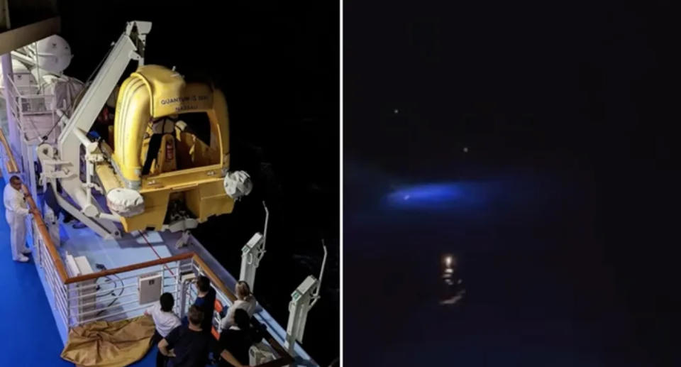 Two photos of the ship at night after the man went overboard, while an immediate rescue mission is being exercised.