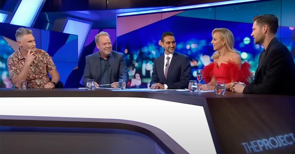 Dave Hughes, Peter Helliar, Waleed Aly, Carrie Bickmore and Charlie Pickering on the panel of The Project. 