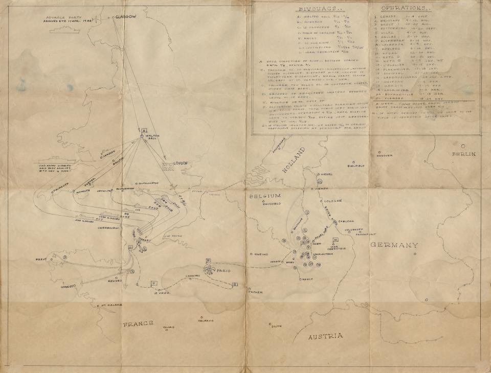 A visual representation of the remarkable journey of the Ghost Army from before D-Day in the UK to the end of the war in Germany. It is thought to have been drawn by Joseph Sherlock, a member of the U.S. Army's 603rd Engineer Camouflage Battalion during World War II.