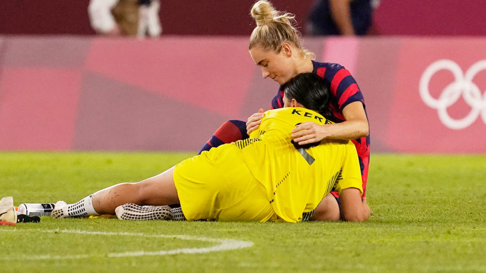 Pictured here, Kristie Mewis consoles Sam Kerr after the USWNT beat Australia at the Olympics.