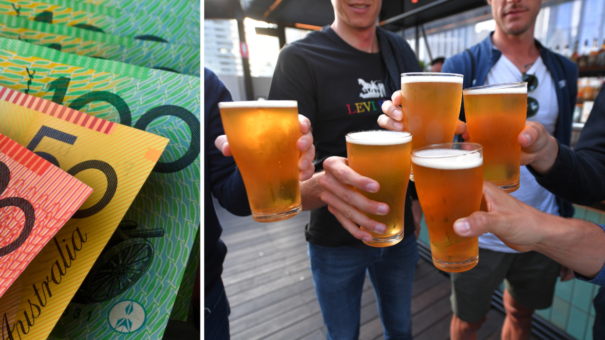 Australian money notes. Drinking beers. Beer tax.