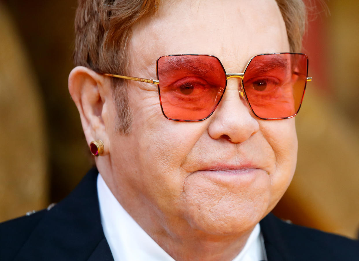 LONDON, UNITED KINGDOM - JULY 14: (EMBARGOED FOR PUBLICATION IN UK NEWSPAPERS UNTIL 24 HOURS AFTER CREATE DATE AND TIME) Elton John attends "The Lion King" European Premiere at Leicester Square on July 14, 2019 in London, England. (Photo by Max Mumby/Indigo/Getty Images)