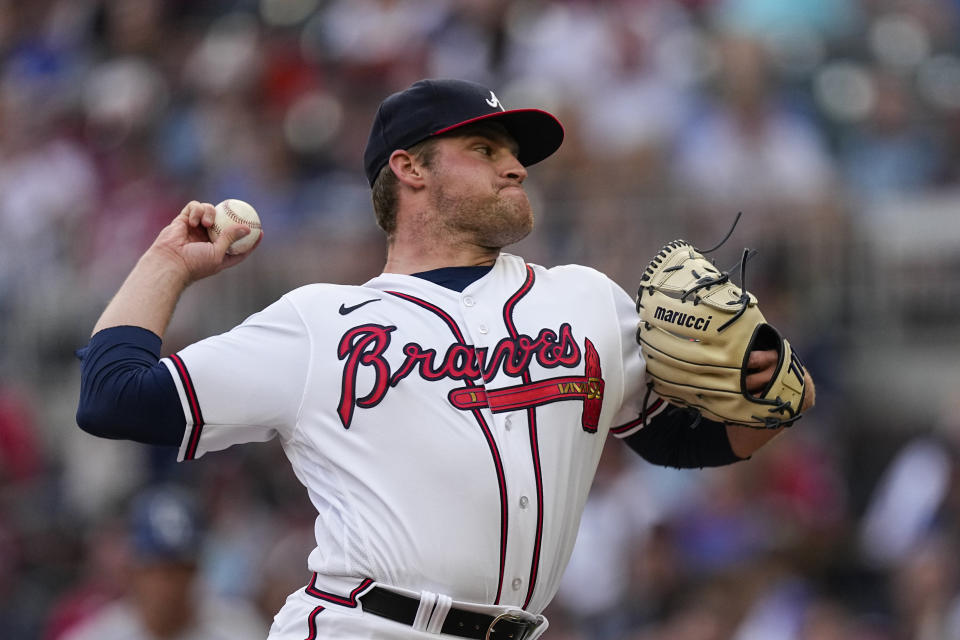 Atlanta Braves starting pitcher Bryce Elder works against the Los Angeles Dodgers during the first inning of a baseball game Wednesday, May 24, 2023, in Atlanta. (AP Photo/John Bazemore)