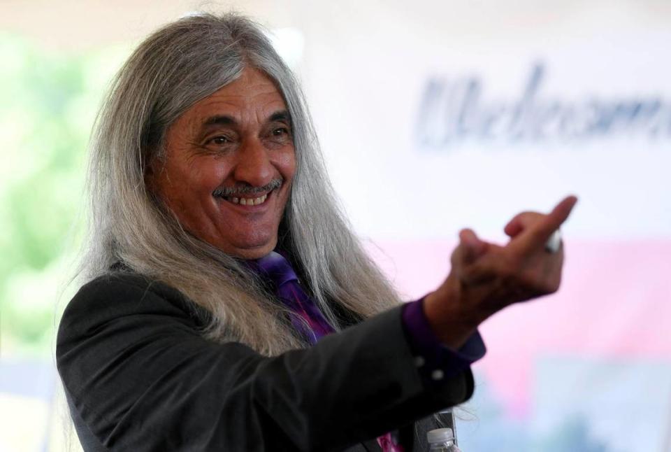 Catawba Indian Nation Chief Bill Harris smiles as he calls upon a partner in the casino business to answer a question after the groundbreaking ceremony for Two Kings Casino Resort on Wednesday, July 22, 2020.