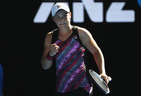 Tennis - Australian Open - Melbourne Park, Melbourne, Australia - 16/1/17 Australia's Ashleigh Barty celebrates winning the Women's singles first round match against Germany's Annika Beck. REUTERS/Issei Kato