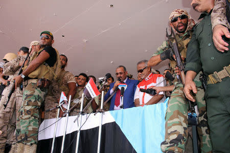 Dismissed governor of the southern Yemeni port city of Aden, Aydaroos al-Zubaidi (C), delivers a speech in front of supporters of the separatist Southern Movement as they demonstrated against recent decisions by President Abd-Rabbu Mansour Hadi that sacked senior officials supported by the United Arab Emirates, including al-Zubaidi, in Aden, Yemen May 4, 2017. REUTERS/Fawaz Salman