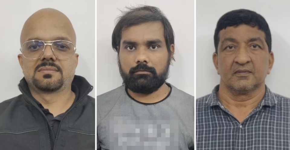 Three men were arrested in India in early 2023 and accused of smuggling the Patel family to the Canada-U.S. border. From left: Yogesh Patel, Bhavesh Patel and Dashrath Chaudhary. (CBC News)