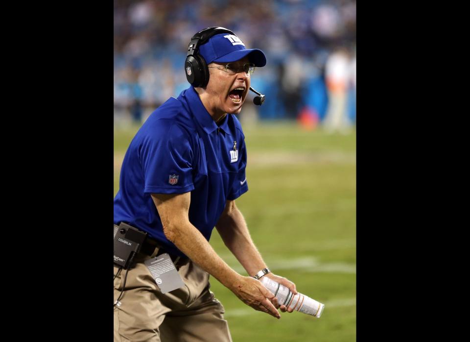 Head coach Tom Coughlin of the New York Giants reacts to a call during their game against the Carolina Panthers at Bank of America Stadium on September 20, 2012 in Charlotte, North Carolina. 