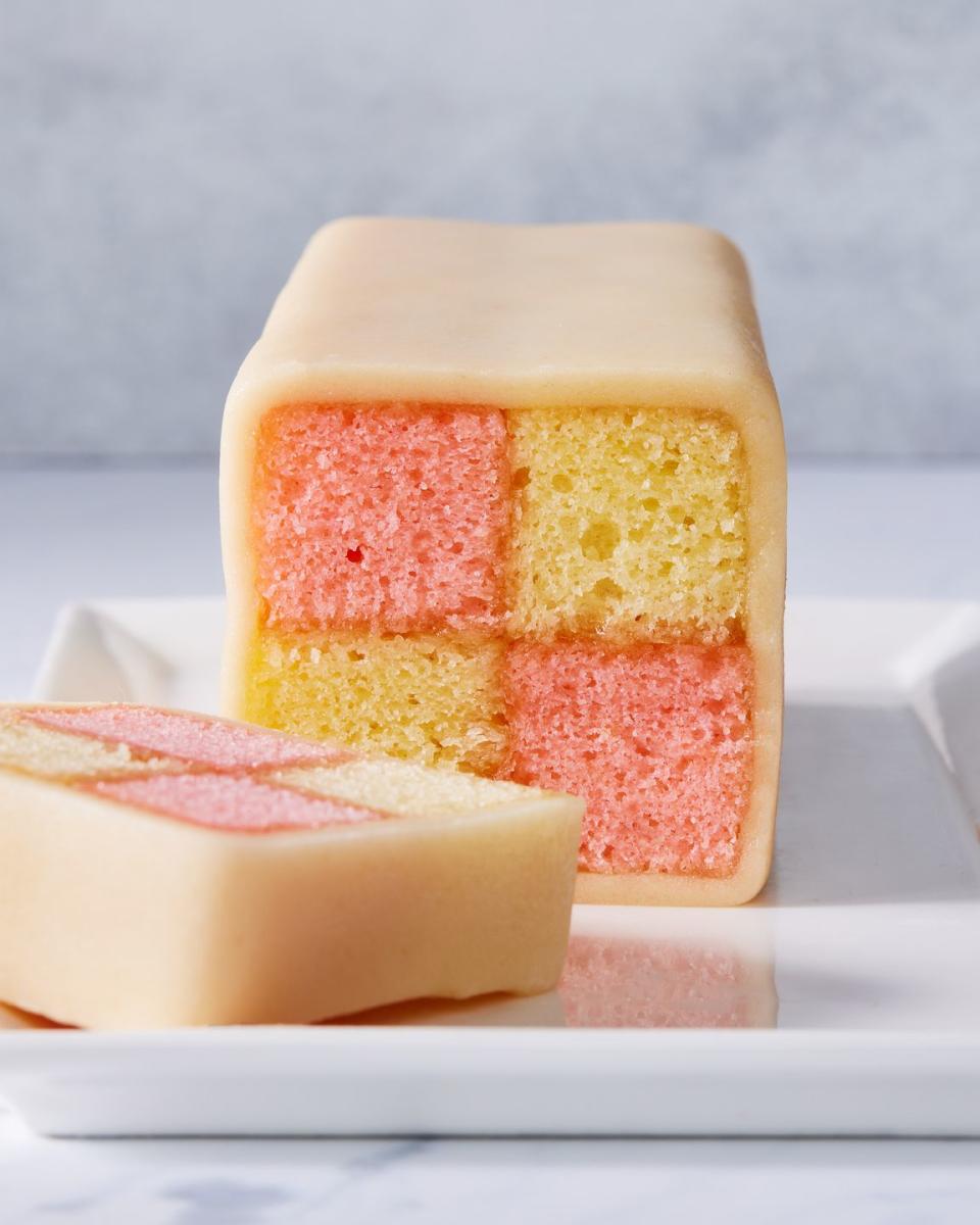 pink and white checked battenberg cake covered with marzipan