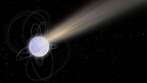 Eine hellviolette Kugel, umgeben von weißen Locken, die an ihren Polen enden. Von seinem geneigten Nordpol geht ein gelber Lichtstrahl aus