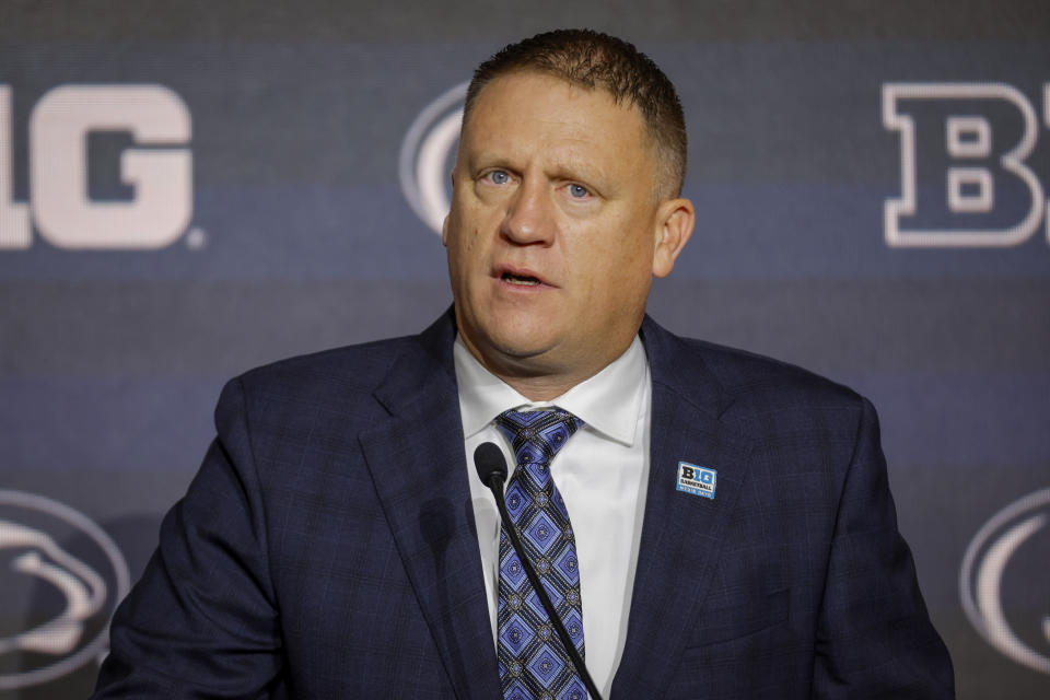 FILE - Penn State head coach Mike Rhoades speaks during Big Ten NCAA college basketball Media Days Tuesday, Oct. 10, 2023, in Minneapolis. Rhoades will coach Penn State this season.(AP Photo/Bruce Kluckhohn, File)