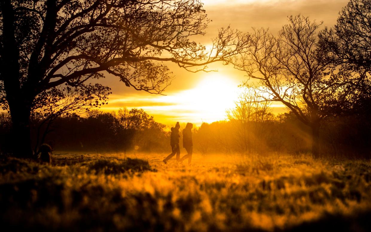 Two people walk through early morning frost during sunrise in Epping Forest, east London