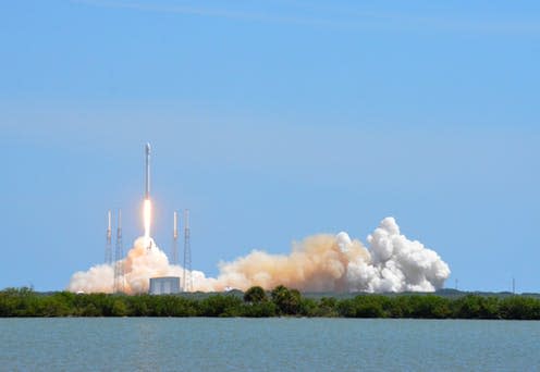 <span class="caption">Falcon 9 launch in 2014.</span> <span class="attribution"><a class="link " href="https://www.920rqw.afrc.af.mil/News/Article-Display/Article/678375/920th-rqw-assists-in-falcon-9-launch/" rel="nofollow noopener" target="_blank" data-ylk="slk:U.S. Air Force photo/Senior Airman Natasha Dowridge;elm:context_link;itc:0;sec:content-canvas">U.S. Air Force photo/Senior Airman Natasha Dowridge</a>, <a class="link " href="http://creativecommons.org/licenses/by-sa/4.0/" rel="nofollow noopener" target="_blank" data-ylk="slk:CC BY-SA;elm:context_link;itc:0;sec:content-canvas">CC BY-SA</a></span>