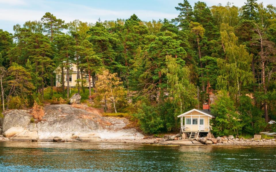 Wooden sauna cabins adorn the islands