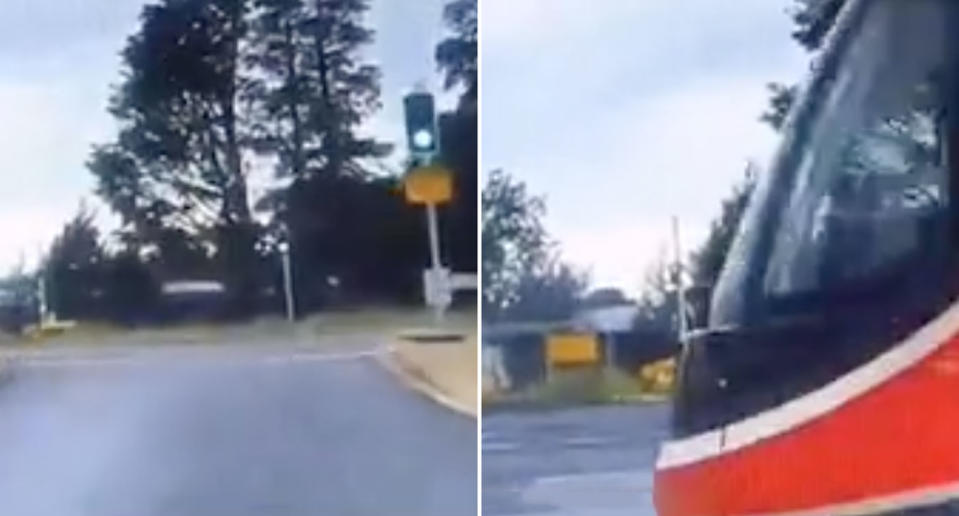 Khawar Jadoon approaches an intersection in Canberra with a green light before a light rail service passes in front of him causing him to stop. Source: Facebook/Khawar Jadoon