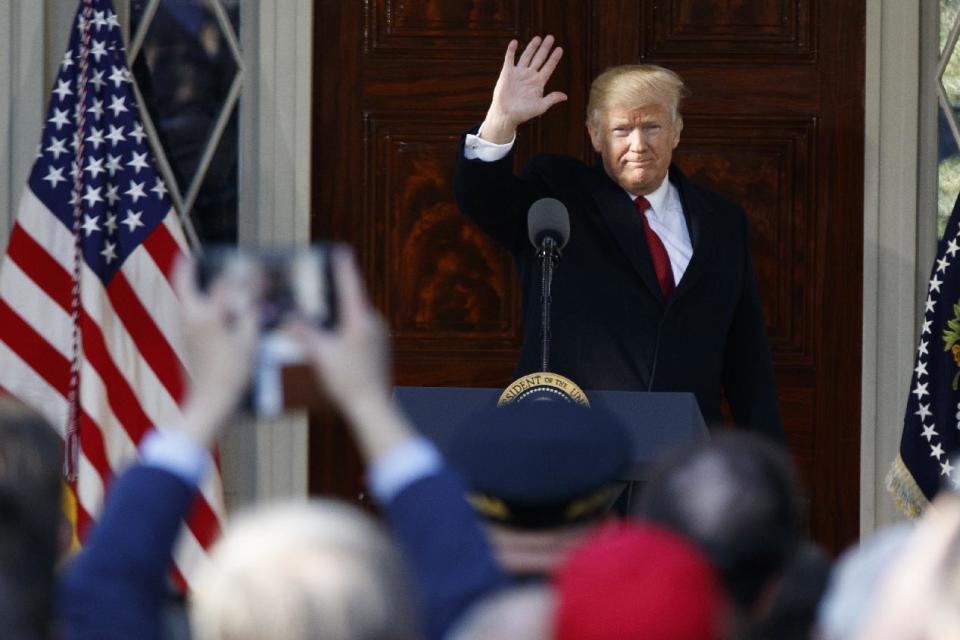 President Donald Trump waves after speaking at the Hermitage, the home of President Andrew Jackson, to commemorate Jackson's 250th birthday, Wednesday, March 15, 2017, in Nashville, Tenn. (AP Photo/Evan Vucci)