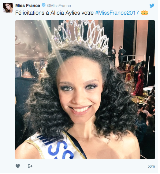 Une année de rêve attend Alicia Aylies élue Miss France 2017. Iris Mittenaere a, très peu de temps après le sacre de la Guyanaise, tenu à lui rendre hommage sur Twitter.