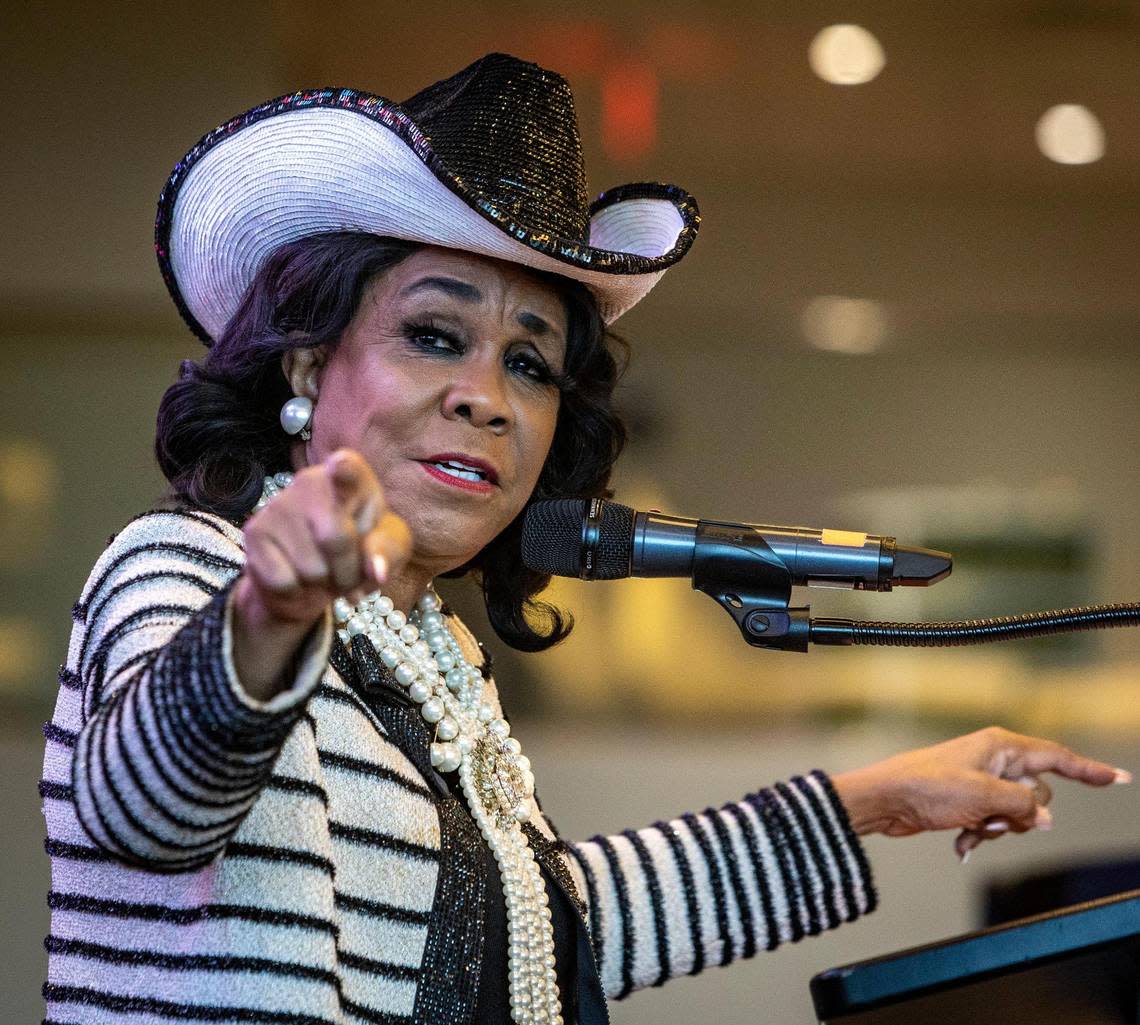 Congresswoman Frederica Wilson speaks to police and youth attending a 5000 Role Models conference at Hard Rock Stadium.