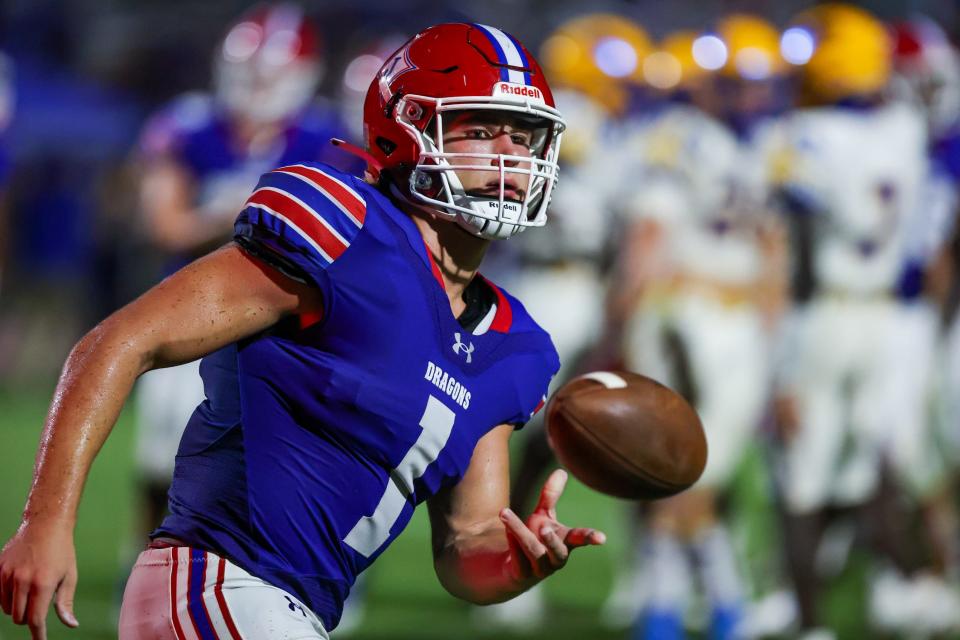 Jefferson's Sammy Brown (1) throws the ball to the ref during a game between the Jefferson High School Dragons and the Wren High School Hurricanes at Jefferson Memorial Stadium in Athens, Ga., on Friday, Aug. 26, 2022. (Photo by Tony Walsh)