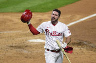 Philadelphia Phillies' Matt Joyce reacts after he was thrown out of the game during the seventh inning against the Milwaukee Brewers, Monday, May 3, 2021, in Philadelphia. (AP Photo/Derik Hamilton)