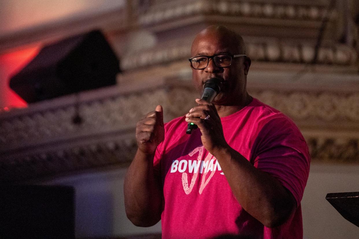 <span>Jamaal Bowman concedes in Yonkers, New York, on Tuesday.</span><span>Photograph: David Dee Delgado/Reuters</span>