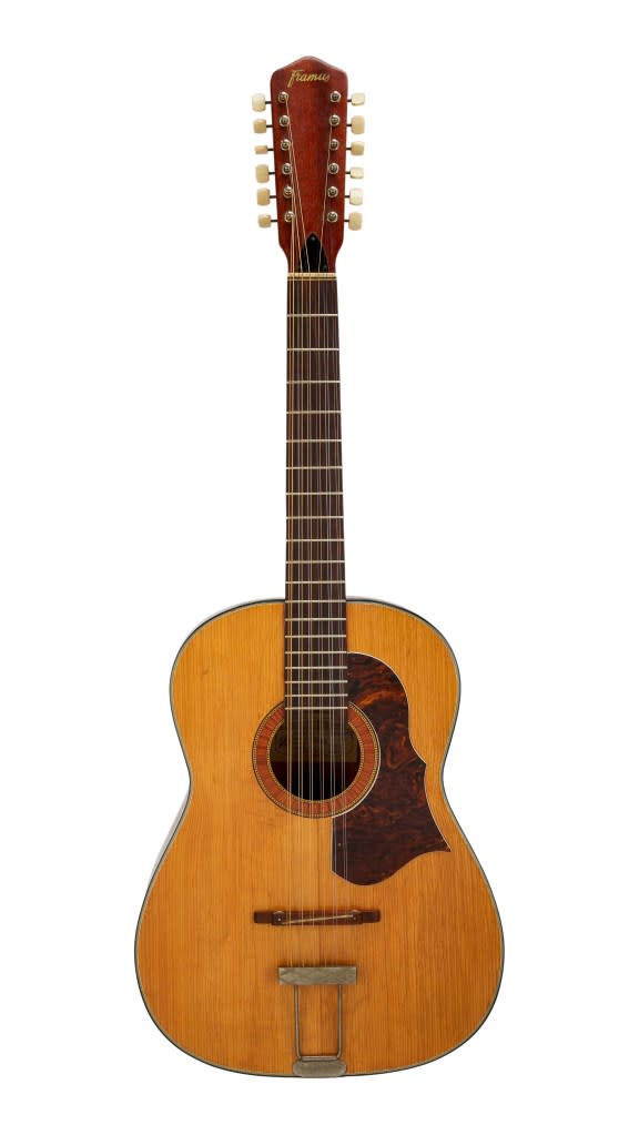 The auctioneers said Lennon played the guitar, which is expected to exceed its estimate of $600,000 to $800,000, on the Beatles’ 1965 album “Help!” Scott Ritchie/ Julien's/ MEGA