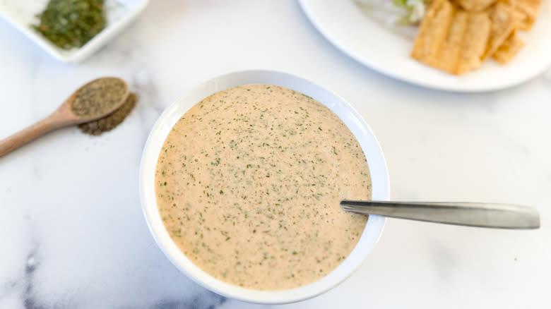 ranch sauce spoon in bowl