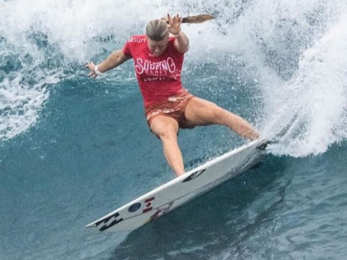 Canada's Sanoa Demple-Olin, pictured competing at the surfing world championships this week in Puerto Rico, posted the single-highest wave score and heat total, surpassing reigning Olympic gold medallist and five-time world champion Carissa Moore of Honolulu. (Instagram/csasurfcanada - image credit)