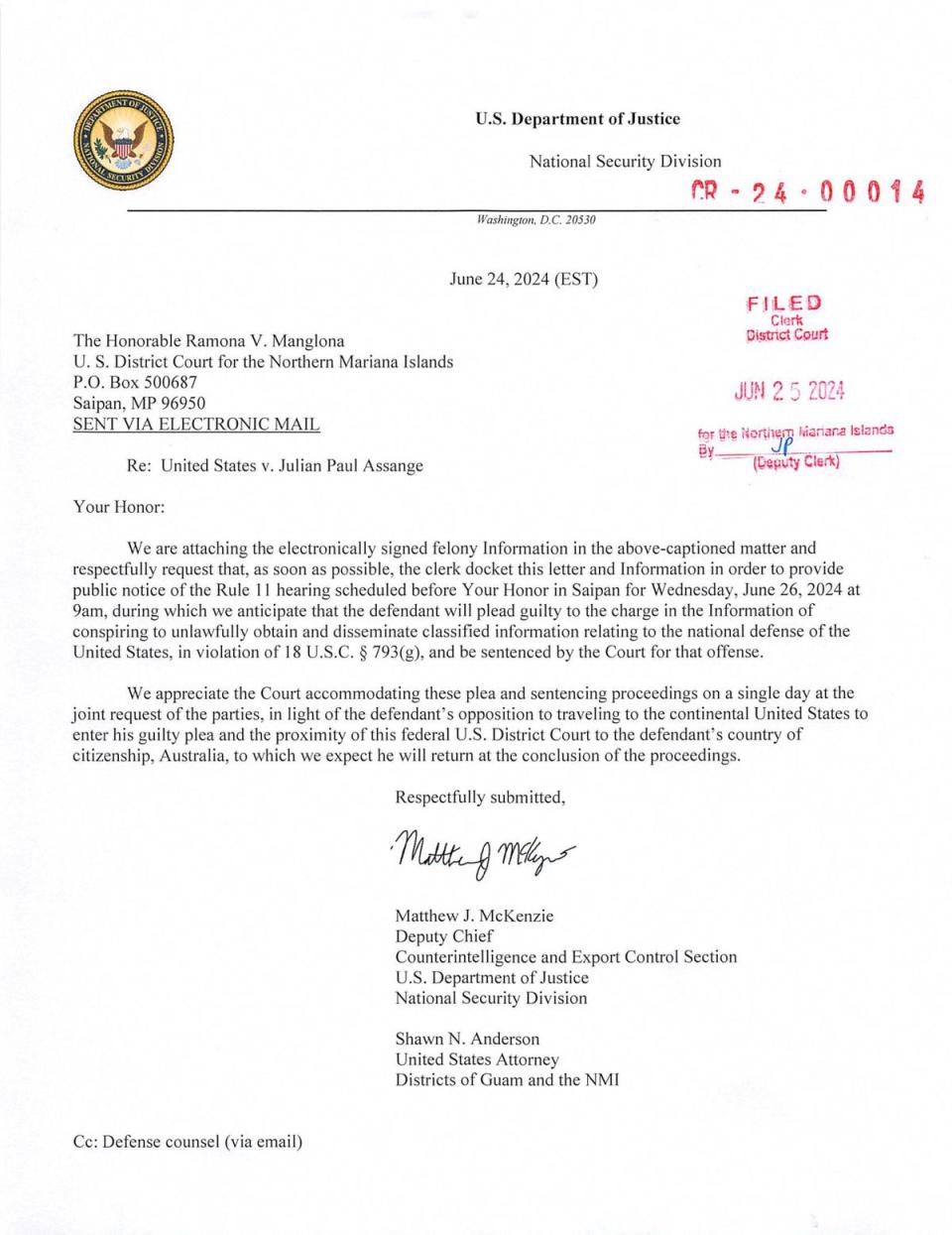 A filing from the US Department of Justice to the US District Court for the Northern Mariana Islands describes a plea deal involving WikiLeaks founder Julian Assange (via Reuters)