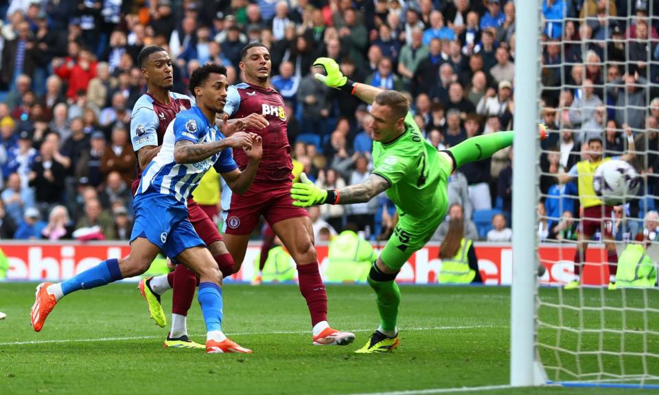 <span>João Pedro has his penalty saved by <a class="link " href="https://sports.yahoo.com/soccer/players/421007/" data-i13n="sec:content-canvas;subsec:anchor_text;elm:context_link" data-ylk="slk:Robin Olsen;sec:content-canvas;subsec:anchor_text;elm:context_link;itc:0">Robin Olsen</a> but heads in the rebound to give <a class="link " href="https://sports.yahoo.com/soccer/teams/brighton/" data-i13n="sec:content-canvas;subsec:anchor_text;elm:context_link" data-ylk="slk:Brighton;sec:content-canvas;subsec:anchor_text;elm:context_link;itc:0">Brighton</a> the lead.</span><span>Photograph: Matthew Childs/Action Images/Reuters</span>