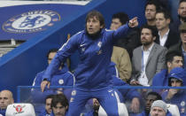 <p>Chelsea head coach Antonio Conte shouts instruction during acomfortable first half for the Blues </p>