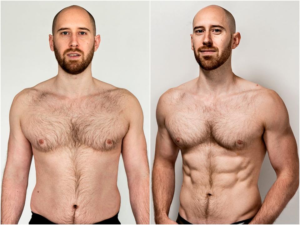 Brendan Jones before and after losing 10 pounds of fat and gaining 2 pounds of muscle.