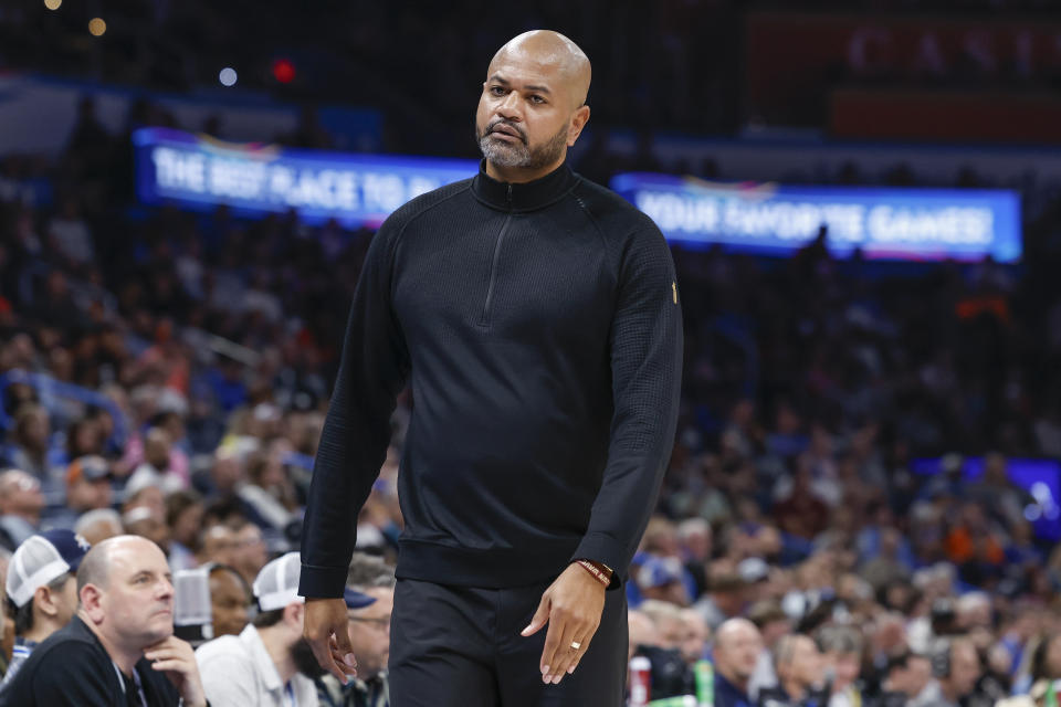 Nov 8, 2023; Oklahoma City, Oklahoma, USA; Cleveland Cavaliers head coach J. B. Bickerstaff reacts after a play against the Oklahoma City Thunder during the second half at Paycom Center. Oklahoma City won 128-120. Mandatory Credit: Alonzo Adams-USA TODAY Sports