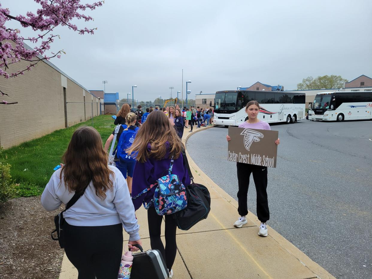 Students of the Falcon Ensemble were sent off by members of the Cedar Crest Middle School Student Council.