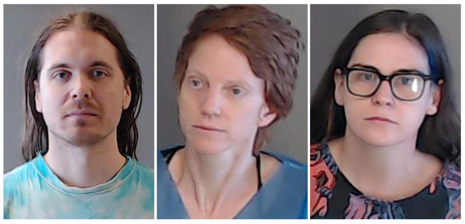 This combo of booking photos provided by the DeKalb County, Ga., Sheriff’s Office shows, from left, Marlon Scott Kautz, 39, of Atlanta; Adele MacLean, 42, of Atlanta; and Savannah D. Patterson, 30, of Savannah. Police on Wednesday, May 31, 2023, arrested the three Atlanta organizers who have been aiding protesters against the city's proposed police and fire training center, striking at the structure that supports the fight against what opponents derisively call “Cop City.” They are charged with money laundering and charity fraud. (DeKalb County Sheriff’s Office via AP)