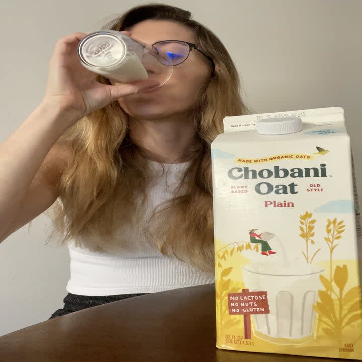 farrah drinking chobani oatmilk