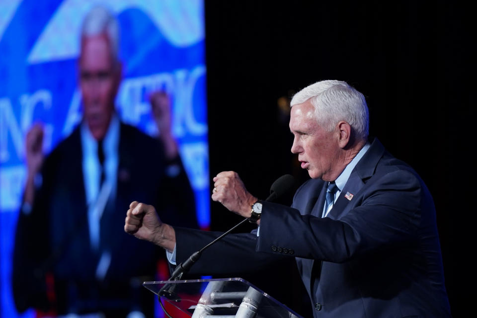 Former Vice President Mike Pence speaks at the Young America's Foundation's National Conservative Student Conference, Tuesday, July 26, 2022, in Washington. (AP Photo/Patrick Semansky)