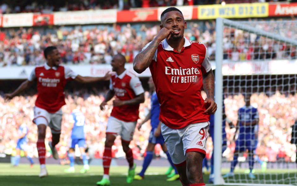 Arsenal's Brazilian striker Gabriel Jesus celebrates after scoring their second goal during the English Premier League football match between Arsenal and Leicester City at the Emirates Stadium in London on August 13, 202 - ADRIAN DENNIS/AFP via Getty Images