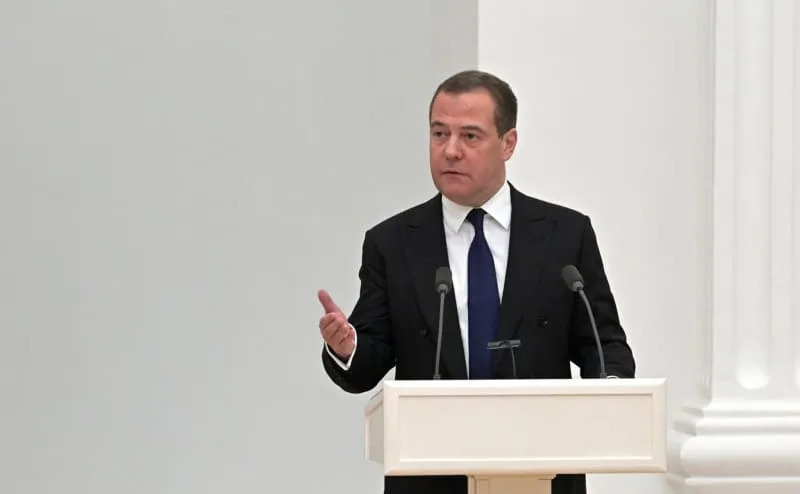 Dmitry Medvedev, Deputy Chairman of the Russian Security Council, speaks at a council meeting in Moscow. -/Kremlin/dpa