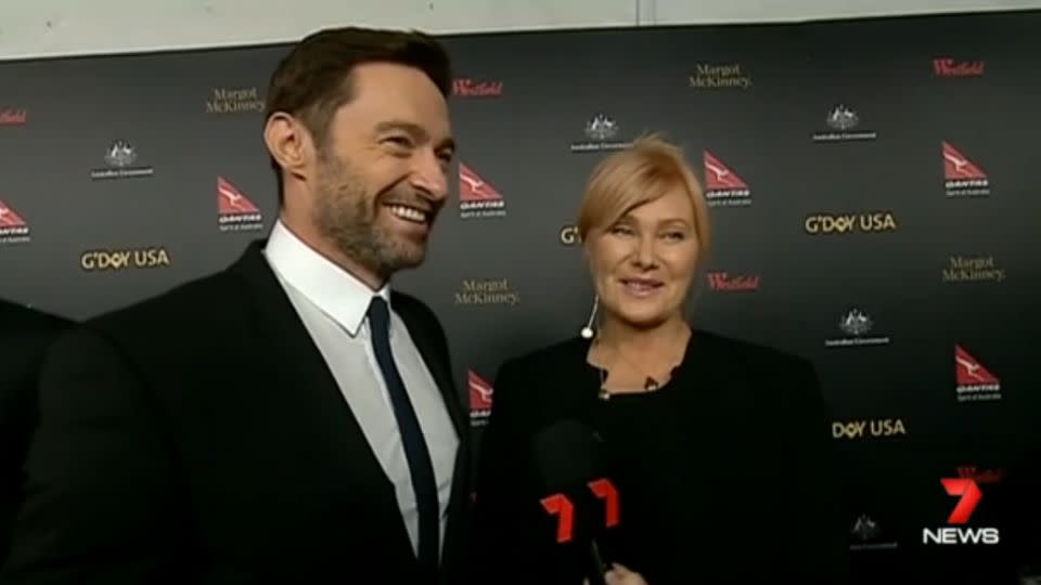 Hugh Jackman and wife Deborra-Lee Furness stopped to chat with 7News reporters on the red carpet. Photo: 7News