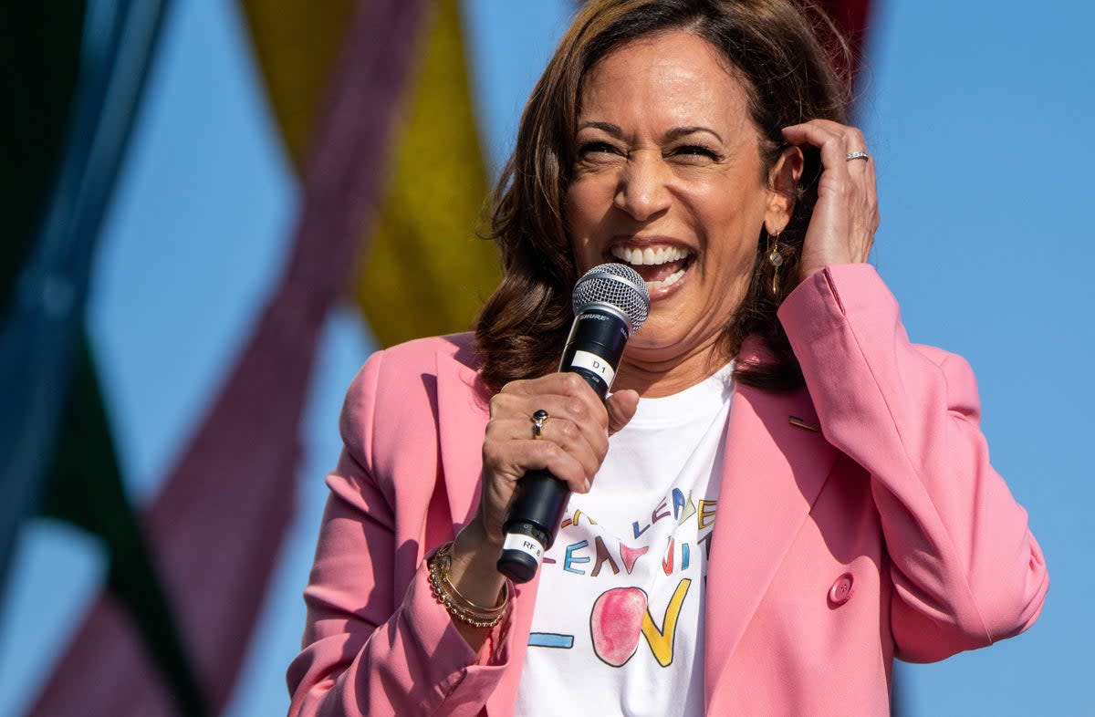 US Vice President Kamala Harris speaks during the Capital Pride Festival, a celebration of the LGBTQ+ community, in Washington, DC, June 12, 2022 (AFP via Getty Images)