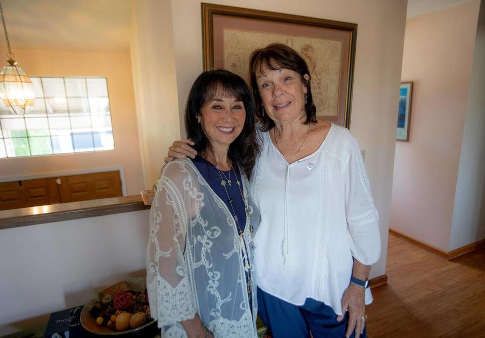 Denise Smart stands with longtime family friend Denise Pearce at the Smarts’ home in Stockton on May 24, 2023. Kristin Smart used to babysit for Pearce’s kids.