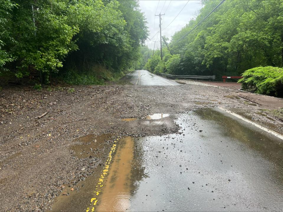 Taylorsville Road on Sunday July 16, 2023 covered in rocks: following Saturday's downpour of rain in Upper Makefield.