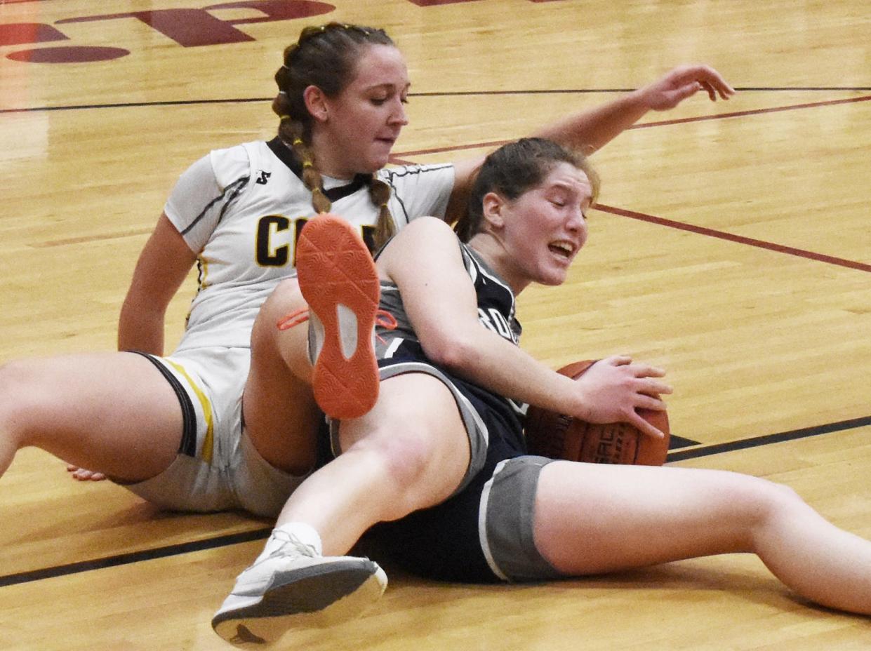 Case's Kambree Nell and Rockland's Maggie Elie during Friday's Division 4 Round of 32 game at Joseph Case High School in Swansea Mar. 1, 2024.