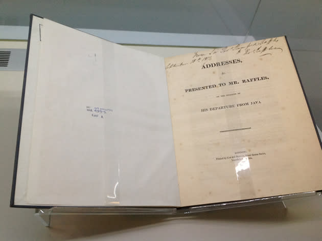 This book, in particular, was presented by Raffles to his cousin, Reverend Thomas Raffles, whom people often confused for Raffles himself. (Yahoo! photo)