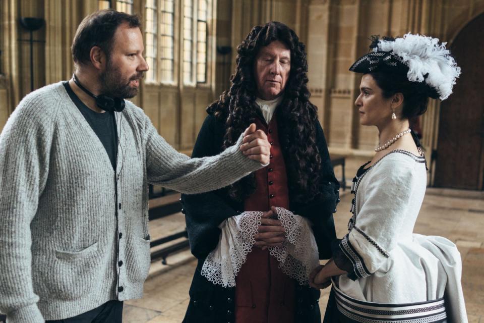 Royal romp: Lanthimos directs James Smith and Rachel Weisz on the set of ‘The Favourite’ (Shutterstock)