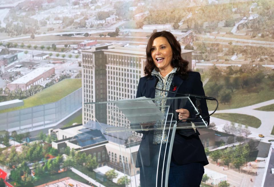 Michigan Gov. Gretchen Whitmer speaks during a presentation about the progress in the district and the building at Michigan Central Station in Detroit on Feb. 4, 2022.