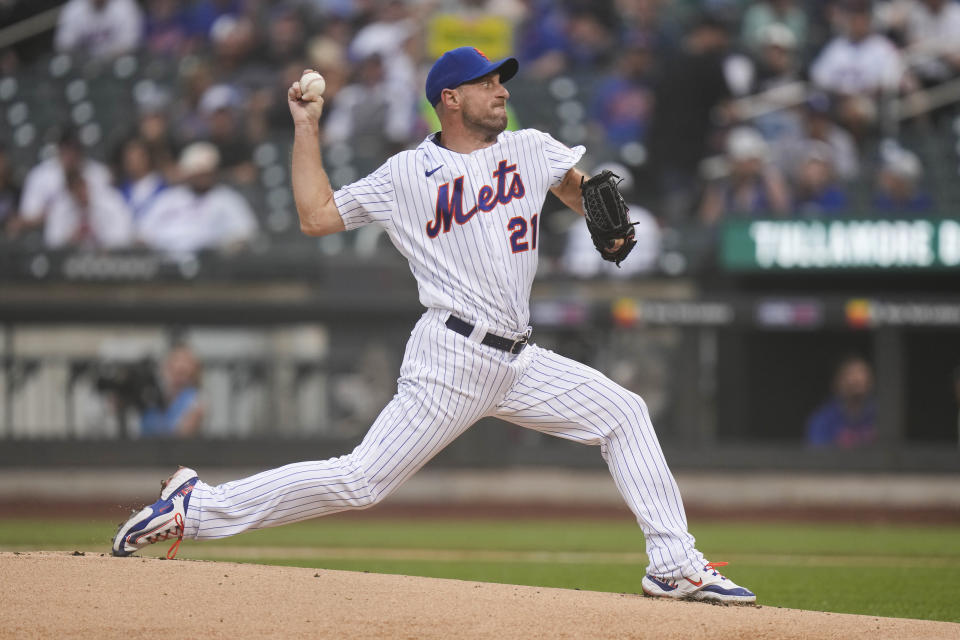 New York Mets starting pitcher Max Scherzer throws during the first inning of the baseball game against the Los Angeles Dodgers at Citi Field, Sunday, July 16, 2023, in New York. (AP Photo/Seth Wenig)